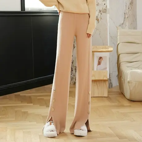 开叉拖地针织长裤阔腿裤子女秋冬2023新款高腰垂感显瘦休闲直筒裤图片