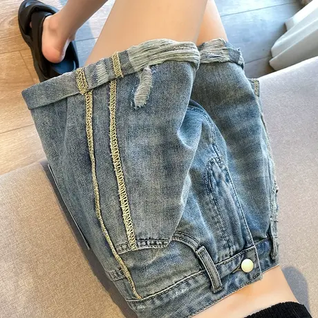 卷边破洞高腰牛仔短裤女夏季薄款宽松a字遮胯显瘦小个子辣妹热裤商品大图