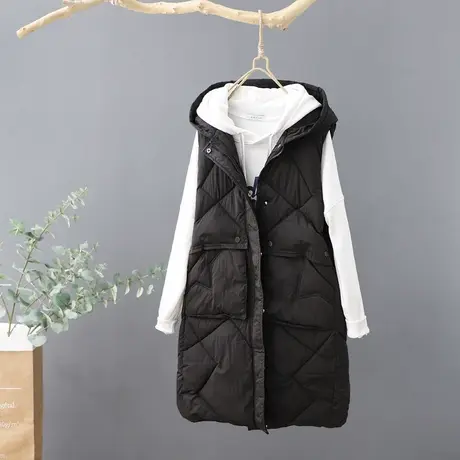 秋冬新款连帽中长款羽绒棉衣女马甲韩版宽松无袖坎肩纯色外套马夹图片