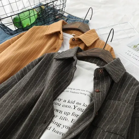 毛呢条纹衬衣女秋冬新款韩版长袖复古港味上衣宽松休闲加厚衬衫女商品大图