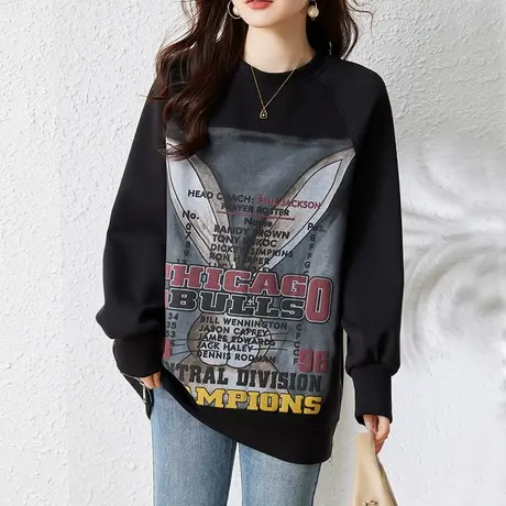 胖妈妈圆领卫衣女春秋新款宽松加大码女装减龄百搭遮肚子显瘦上衣商品大图