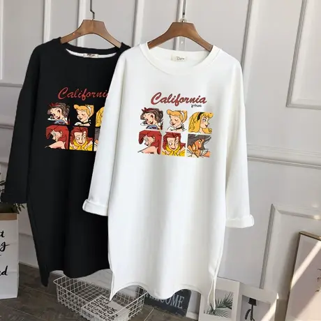 磨毛长袖t恤女中长款加厚纯棉上衣2022新款韩版宽松秋冬内搭打底图片