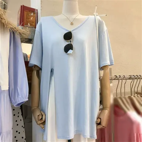 短袖t恤女ins潮2020夏季新款韩版宽松纯色中长款设计感开叉上衣服商品大图
