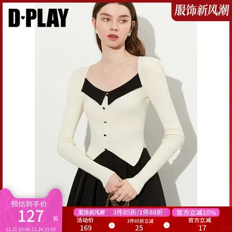 DPLAY2025年春季复古白色毛衣女撞色短款修身内搭针织打底衫上衣商品大图