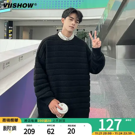 VIISHOW秋冬季新款毛衣男宽松圆领线衣外套慵懒潮牌黑色针织衫男商品大图