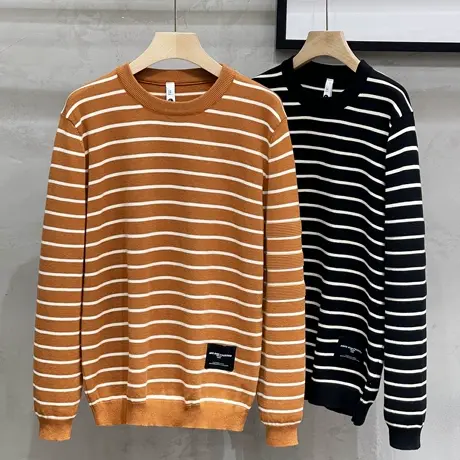 条纹毛衣男士秋冬季新款时尚学院风修身青年保暖休闲长袖针织衫男商品大图