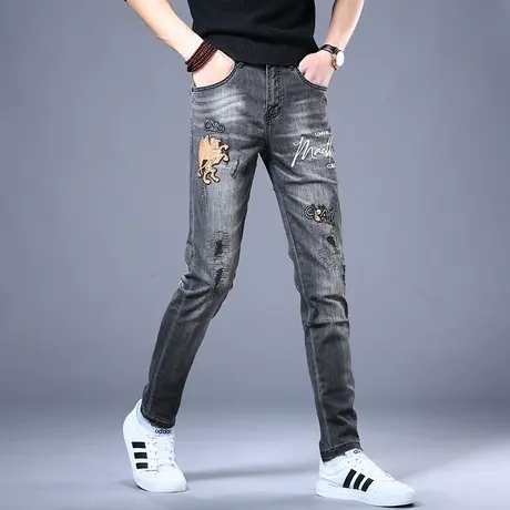 性价比刺绣高级灰色牛仔裤男款秋冬潮牌2023新款修身休闲小脚裤子商品大图