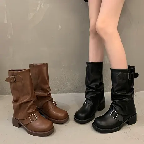 不过膝长靴女粗跟2023秋冬新款女靴欧美靴子长筒靴圆头西部骑士靴商品大图