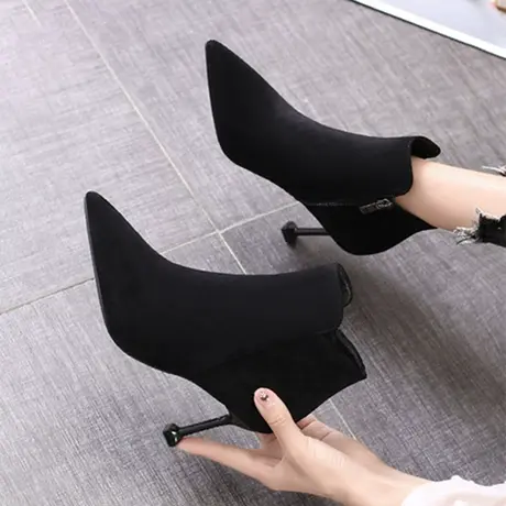 2024年新款尖头细跟黑色短靴女春秋单靴百搭中跟短筒瘦瘦高跟踝靴商品大图