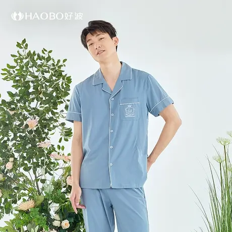 好波夏季男睡衣短袖长裤家居服套装大码休闲薄款纯棉睡衣HJZ2315商品大图