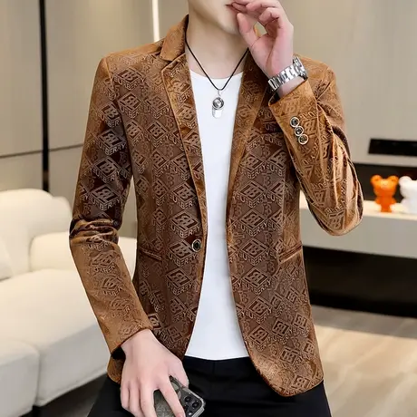 金丝绒印花小西装男士春秋季高端平绒西服外套青年痞帅气潮流男装商品大图