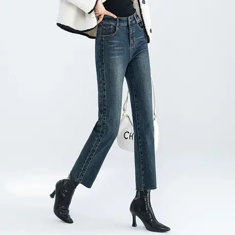 加绒直筒牛仔裤女2024新款冬季女裤秋冬加厚裤子九分裤高腰烟管裤商品大图