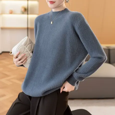 2023秋冬新款韩版宽松半高领纯色套头长袖针织衫毛衣女士百搭上衣商品大图