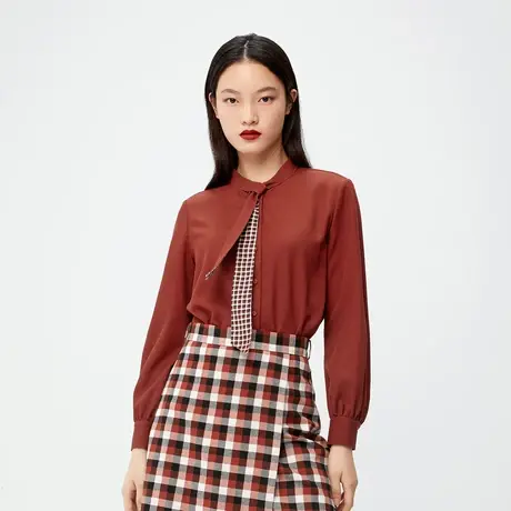伊芙丽衬衫女春秋新款长袖撞色系带领单排扣通勤时尚休闲女士上衣商品大图