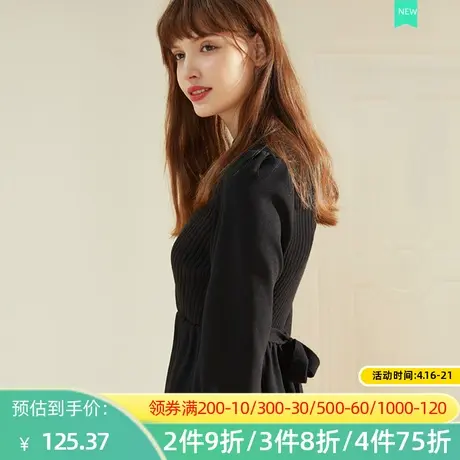 秋水伊人毛衣连衣裙2022春新款黑色显瘦立肩修身打底裙长裙2A218图片