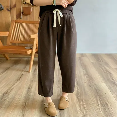 dza 高腰显瘦纯色加绒罗马抽绳裤子女冬外穿休闲裤宽松直筒哈伦裤商品大图