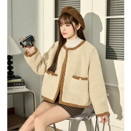 唐狮2023秋冬新款小香风外套女仿羊羔绒撞色加厚网红风上衣12.14图片