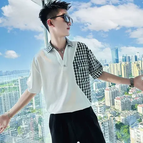 夏季男士衬衫短袖衬衣半袖潮流休闲小众拼接格子帅气INS薄款上衣商品大图