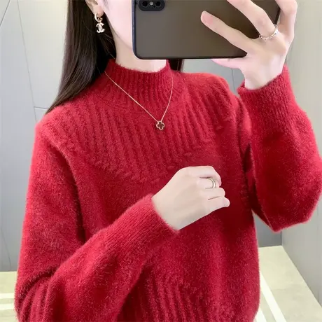 加厚半高领本命年红色毛衣女款2023新款秋冬季爆款时尚内搭打底衫商品大图