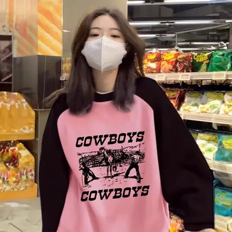 美式潮牌ins超火插肩袖卫衣女秋冬加绒加厚宽松撞色圆领上衣外套图片