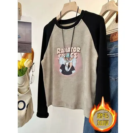 2024春款圆领插肩袖拼色字母大象印花长袖上衣T恤女磨毛打底衫潮商品大图