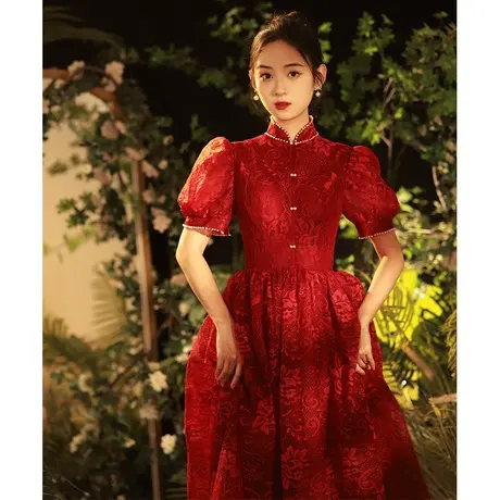 中式旗袍敬酒服新娘改良高级感夏季设计感酒红色订婚礼服轻奢小众图片