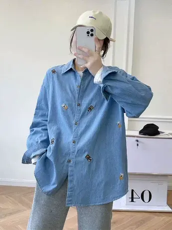 卡通小清新刺绣牛仔衬衫女长袖2024春季新款宽松设计感小众上衣潮商品大图