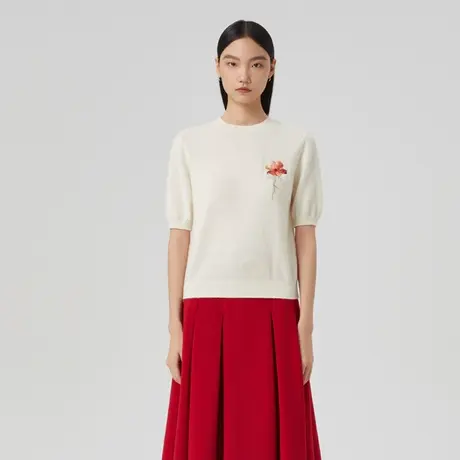 LANCY/俪雅LIAA圆领印花针织衫女春季羊绒衫女修身羊毛衫图片