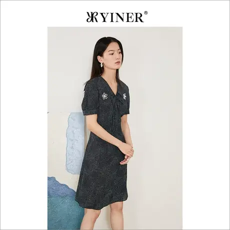 YINER音儿线上专选女装2022夏季小波点蝴蝶结花朵V领连衣裙图片
