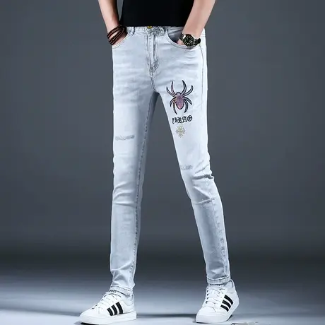 春秋新款男士牛仔裤男款浅灰色高端时尚烫钻小脚裤子百搭潮牌美式商品大图