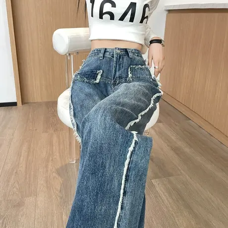 复古毛边阔腿牛仔裤女春秋季2024年新款高腰显瘦垂感窄版直筒裤子商品大图