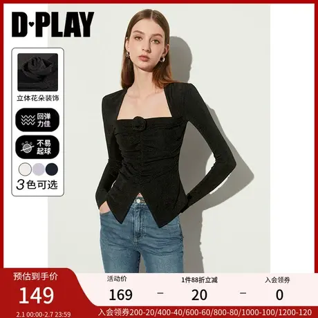 DPLAY春甜酷美背方领黑色领口手缝立体花朵下摆开衩高弹打底衫商品大图