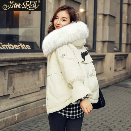 冬装棉服女装新款休闲简约黑色显瘦气质毛领连帽棉衣外套棉袄图片