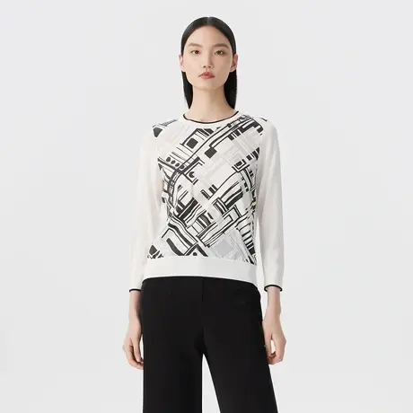 【真丝】LANCY/朗姿春季新款法式针织衫通勤印花女气质圆领女图片