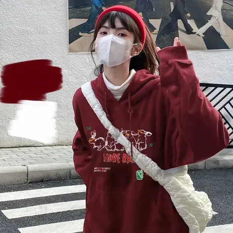 oversize兔年本命年酒红色卫衣女秋冬加绒加厚ins潮连帽宽松外套商品大图