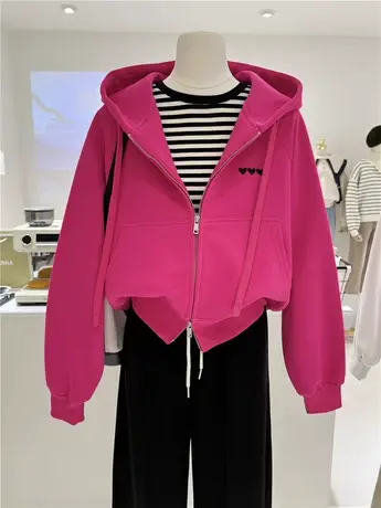 春秋款简约爱心刺绣宽松短款显瘦小众连帽卫衣女帽衫外套休闲上衣商品大图