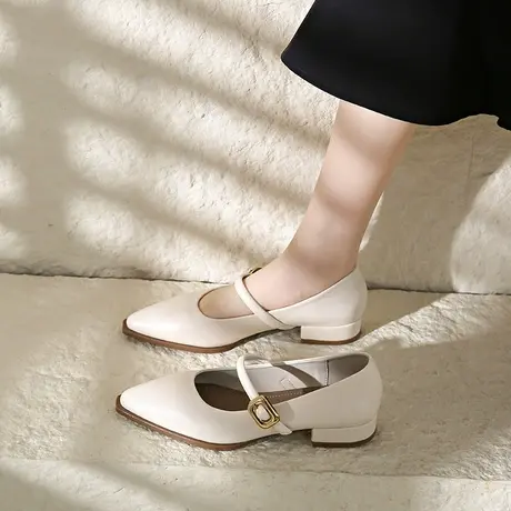 尖头单鞋女2024新款春季百搭复古晚晚鞋子低跟粗跟皮鞋玛丽珍女鞋商品大图