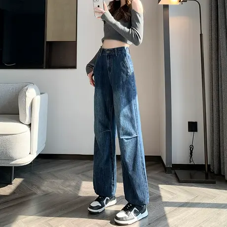 美式牛仔裤女2024春秋新款高街百搭高腰宽松显瘦蓝色工装阔腿裤子商品大图