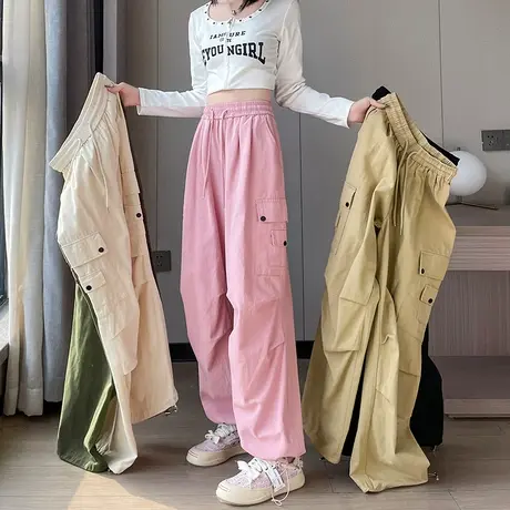 美式工装裤子女春季新款高腰宽松显瘦抽绳束脚休闲直筒阔腿运动裤图片