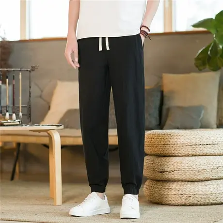 中国风棉麻裤子男宽松大码阔腿裤春季潮流大裆裤胖子束脚休闲长裤商品大图