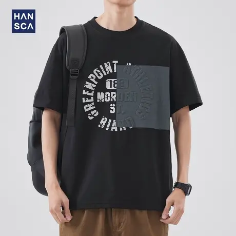 hansca 做旧圆领短袖T恤男夏季新款美式潮牌水洗宽松大码休闲上衣商品大图