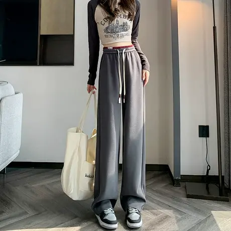 深灰色休闲裤女2024春秋新款拼接高腰显瘦百搭垂感直筒宽松阔腿裤图片
