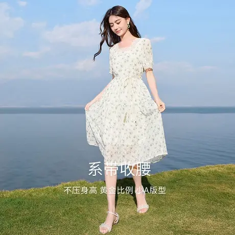 【直播间】香影方领碎花连衣裙2024夏季新款绿色小清新泡泡袖收腰图片