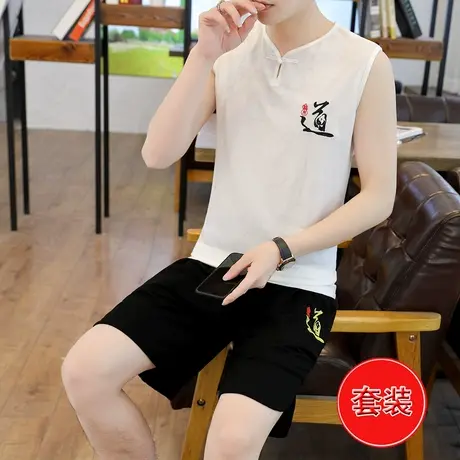 夏季无袖棉麻t恤套装男士中国风唐装汉服坎肩潮背心休闲盘扣体恤商品大图