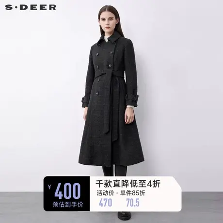 sdeer圣迪奥冬装翻领双排扣收腰格纹千金毛呢大衣女S21481815图片