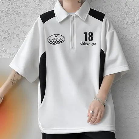 美式Polo衫短袖t恤男夏季宽松翻领半袖上衣服港风百搭男士体恤衫T商品大图