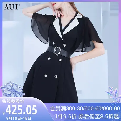 AUI黑色职业雪纺西装连衣裙女2023夏季新款设计感高级小众西服裙图片