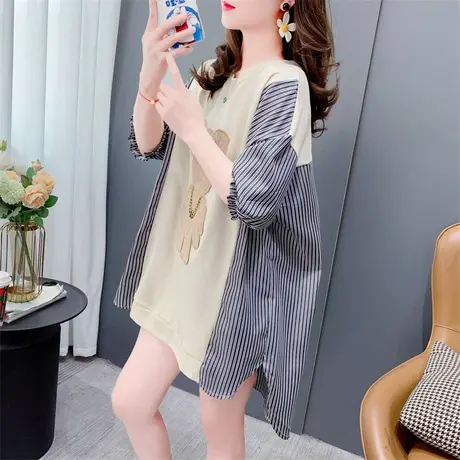 设计感拼接短袖T恤女夏季2023年新款宽松中长款洋气减龄百搭上衣商品大图