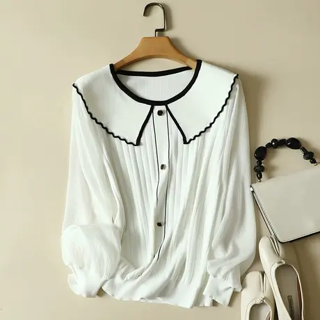 冰丝针织衫女雪纺袖春装2023年新款宽松娃娃领上衣洋气蕾丝打底衫图片