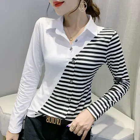 条纹拼接衬衫女春装2023新款设计感小众长袖衬衣洋气百搭打底上衣商品大图